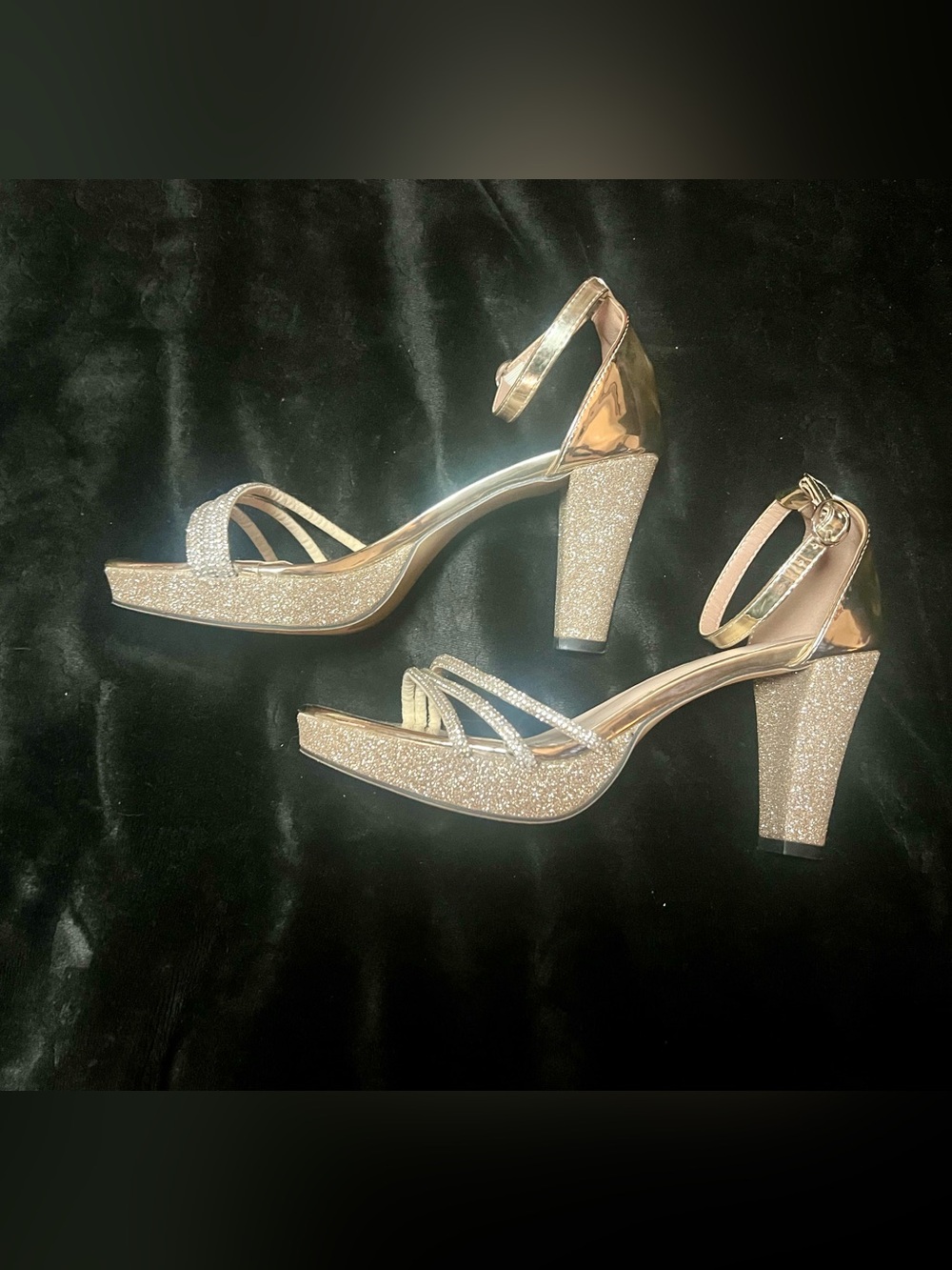 Glitter Platform Block Heel Sandals in Rose Gold